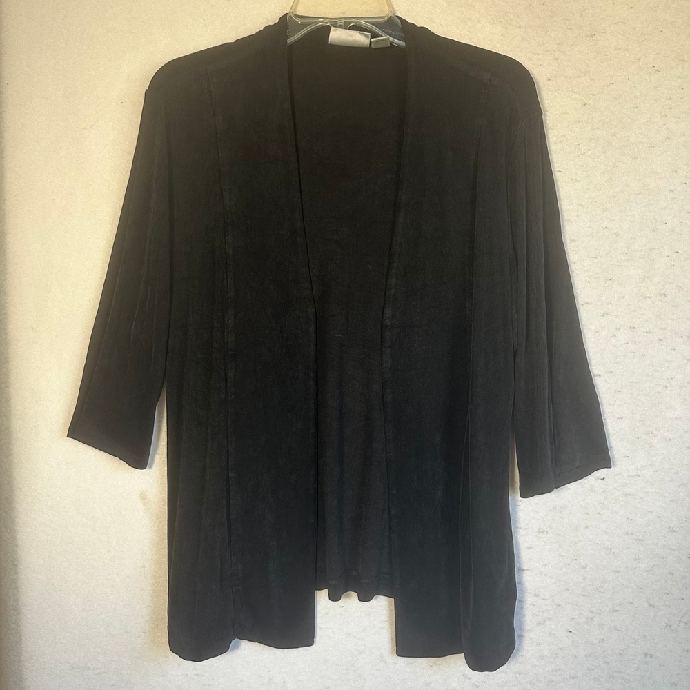 Chicos Travelers Black Open Front Cardigan Ribbed 3/4 Sleeve Size 2 Large